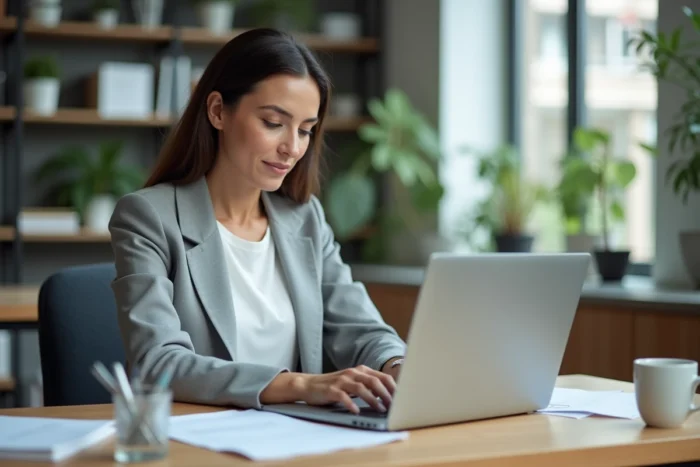 Enseignante connectée à un portail académique en ligne depuis son bureau dans une école