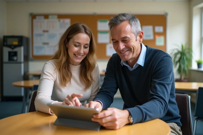 Deux enseignants consultant ensemble un service académique en ligne sur une tablette en salle des professeurs