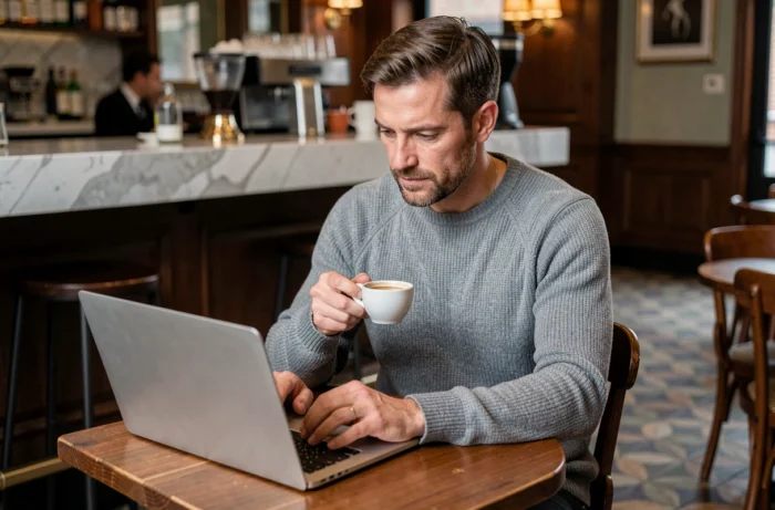 Entrepreneur français concentré analysant des données financières sur son ordinateur portable dans une brasserie classique de Bordeaux