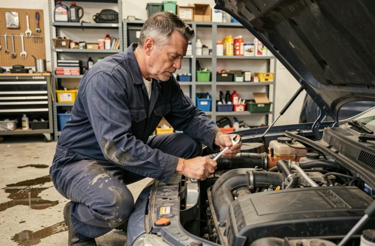Mécanicien amateur inspectant le moteur de sa voiture dans un garage résidentiel avec une clé à molette