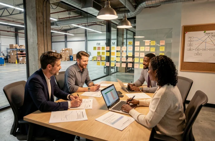 Équipe pluridisciplinaire collaborant sur une analyse des 5M avec des fiches de travail et des post-it dans un bureau industriel