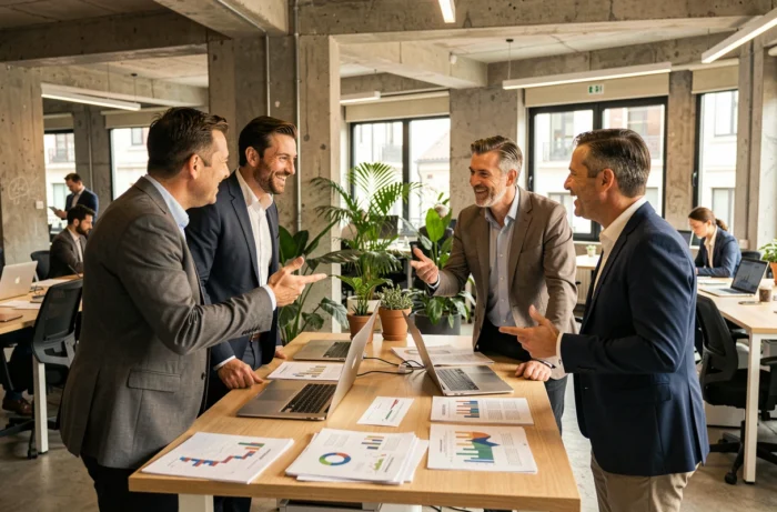 Groupe de professionnels français en discussion stratégique dans un espace de coworking moderne à Lyon entouré de graphiques et d'ordinateurs portables