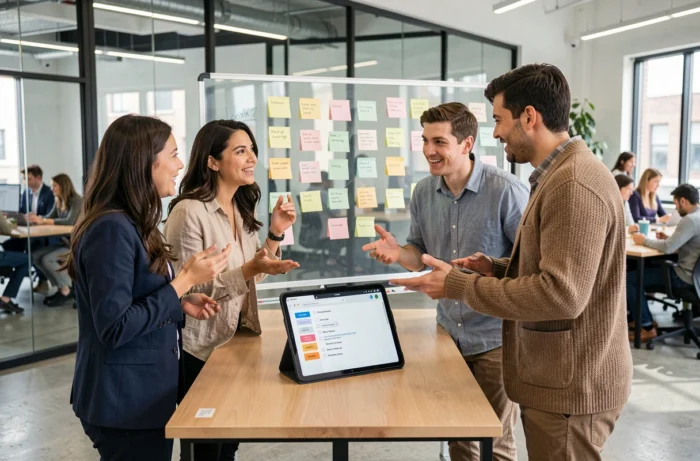Équipe de professionnels discutant des éléments clés pour le succès d'un site web dans un espace de coworking