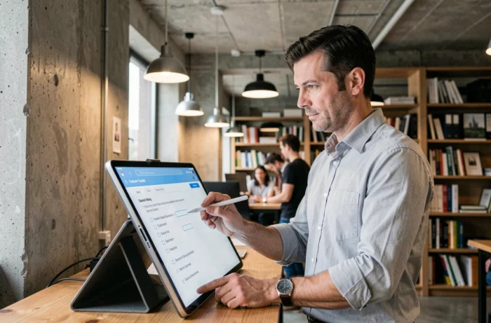 Professionnel de l'immobilier évaluant les fonctionnalités d'un logiciel promoteur sur tablette dans un espace de coworking