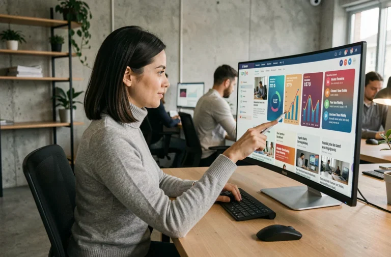 Femme professionnelle parcourant les dernières actualités informatiques sur un grand écran ultrawide dans un bureau moderne