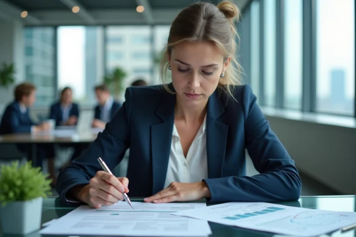 Femme d'affaires analysant des documents financiers pour éviter les arnaques sur des plateformes similaires à Gadrov