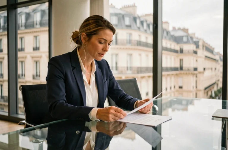 Femme d'affaires française en blazer marine analysant des documents dans un bureau parisien moderne avec vue sur les toits haussmanniens