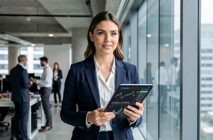 Femme d'affaires consultant un portefeuille boursier sur tablette dans un bureau moderne