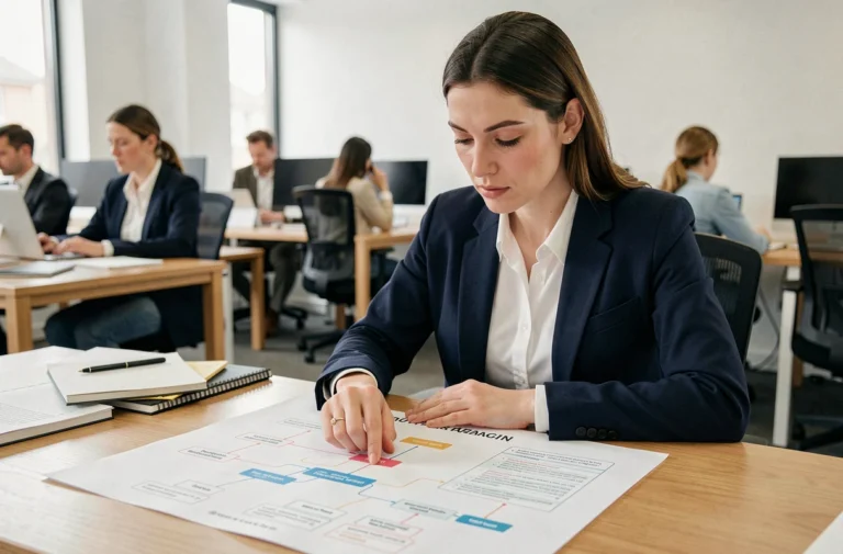 Femme professionnelle analysant un plan de site web imprimé sur un bureau en bois dans un open space moderne