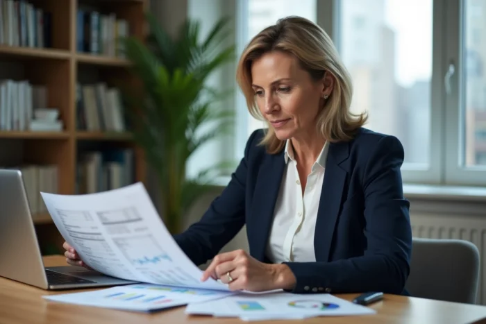 Femme d'affaires analysant des graphiques boursiers et des actions d'investissement à son bureau à domicile