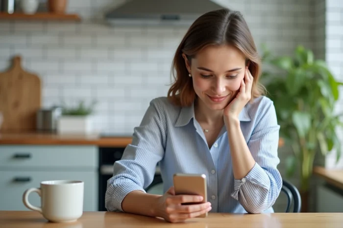 Jeune femme consultant l'application Kids Sitter sur son smartphone dans une cuisine moderne