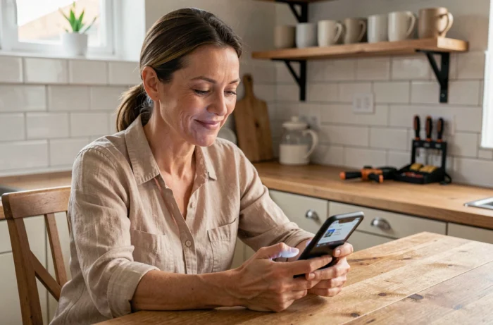 Femme utilisant une application mobile pour trouver un artisan et éviter les mauvaises surprises de prix