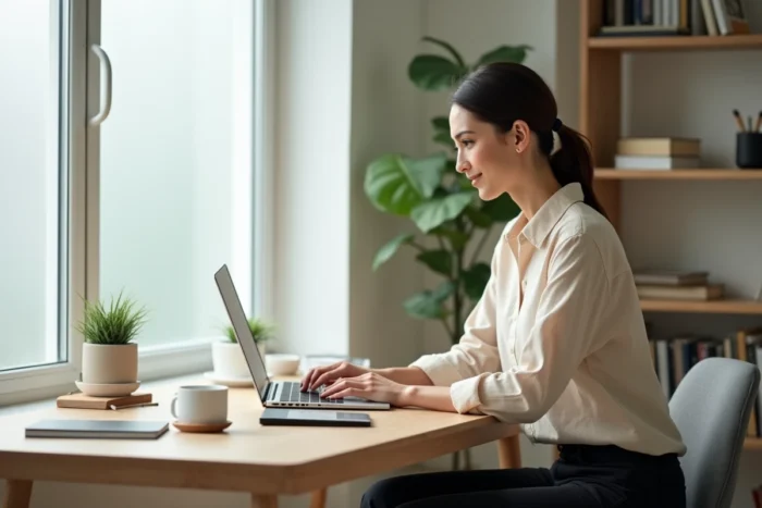 Femme travaillant depuis son bureau à domicile minimaliste avec une plante verte et un ordinateur portable, espace de travail serein et organisé