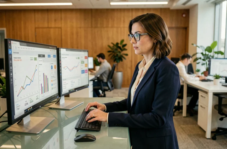 Femme cadre analysant des tableaux de bord numériques sur des écrans dans un bureau moderne pour améliorer la performance de l'entreprise
