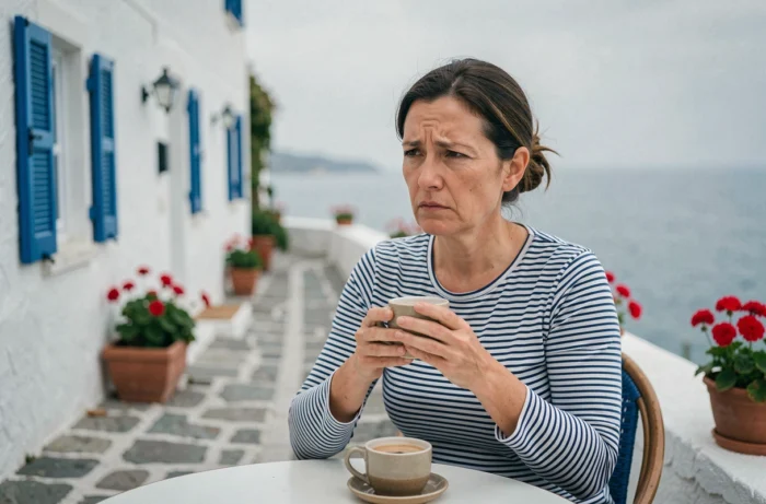 Femme pensive en vacances au bord de la mer dans un village côtier, illustrant l'incapacité à décrocher mentalement en période de burn-out