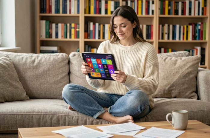 Jeune femme consultant un calendrier numérique des journées mondiales 2026 sur une tablette dans un salon moderne