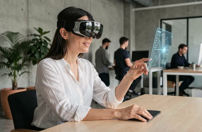 Femme testant un casque de réalité augmentée dans un bureau moderne en 2024