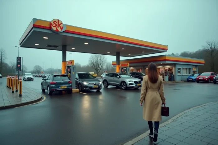 Femme se dirigeant vers une station essence française avec son chéquier à la main