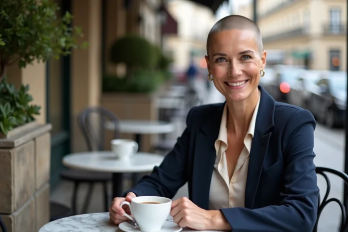 Femme élégante au crâne rasé souriante en terrasse de café parisien