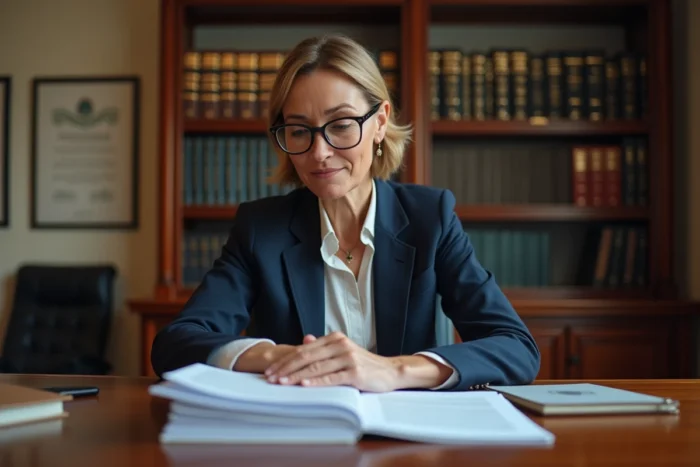 Femme étudiant des documents de prêt immobilier chez le notaire avant signature