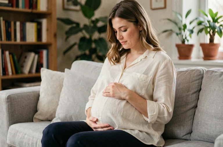 Femme enceinte au troisième trimestre tenant son ventre arrondi dans un salon cosy, exprimant sérénité et bien-être maternel
