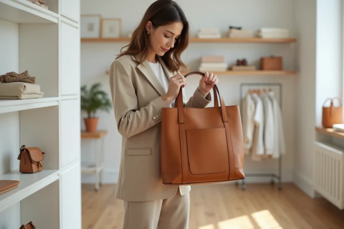 Femme en blazer beige tenant un sac cabas en cuir camel dans une boutique minimaliste, examinant la poche extérieure et le fermoir magnétique