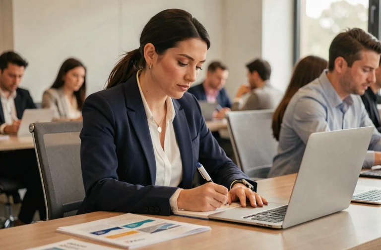 Femme professionnelle en formation continue dans une salle de réunion moderne, prenant des notes pour booster sa carrière