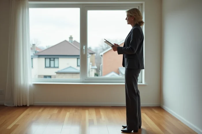 Femme investisseur évaluant un appartement vide à rénover pour un projet de location immobilière