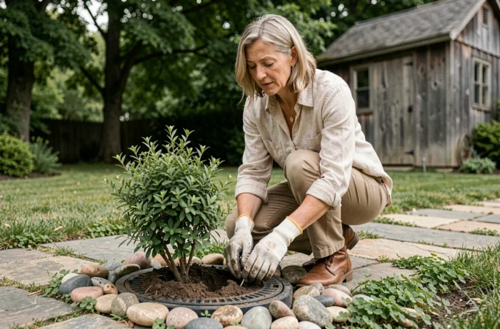 Femme jardinant autour du couvercle de fosse septique avec pierres décoratives et plantes couvre-sol