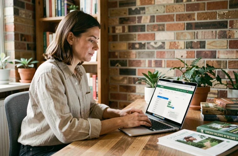 Femme consultant le plan du site Exp Nature sur un ordinateur portable dans un bureau home office entouré de plantes et de guides nature