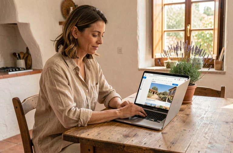 Femme consultant des annonces immobilières sur Le Bon Coin depuis sa maison dans l'Aude pour louer rapidement au meilleur prix