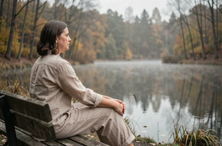 Femme épuisée assise seule au bord d'un lac en forêt pendant des vacances, illustrant le repos lors d'un burn-out
