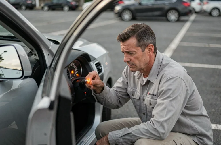 Mécanicien examinant un feu orange clignotant sur le tableau de bord d'une voiture dans un parking urbain