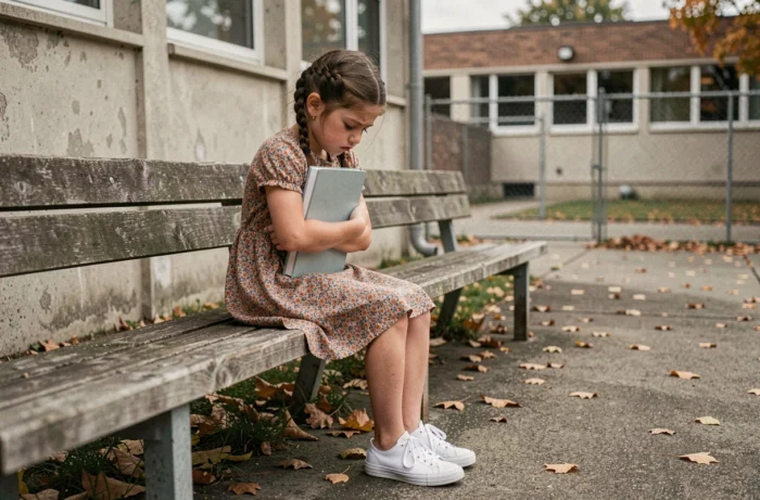 Fillette assise seule sur un banc à l'extérieur de l'école, expression anxieuse, illustrant la phobie scolaire chez l'enfant