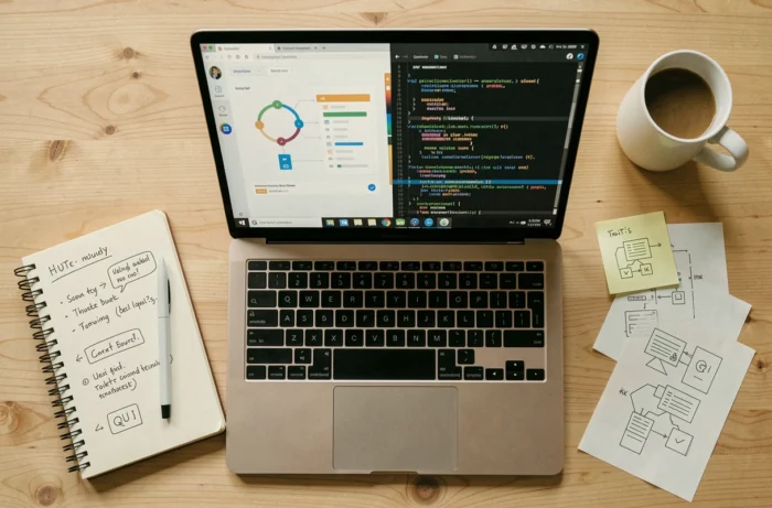 Vue aérienne d'un bureau avec un ordinateur portable affichant une interface GUI et un terminal, entouré de notes sur l'UI