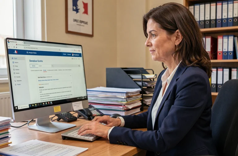 Fonctionnaire française utilisant la messagerie MEL sur un ordinateur de bureau dans un bureau administratif officiel