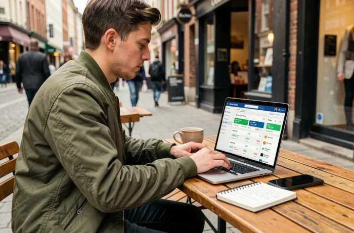 Jeune entrepreneur freelance utilisant un outil SEO en ligne sur son ordinateur portable en terrasse de café en ville