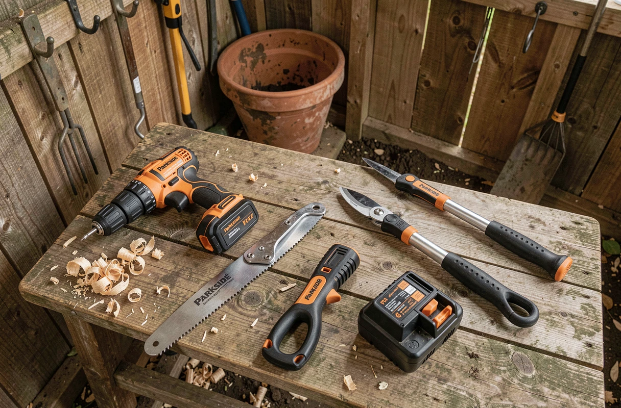 Gamme d'outils de jardin Parkside disposés sur un établi en bois dans un abri de jardin