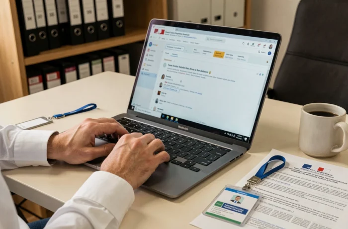 Gros plan sur des mains tapant sur un clavier avec l'interface de messagerie MEL visible à l'écran dans un bureau gouvernemental