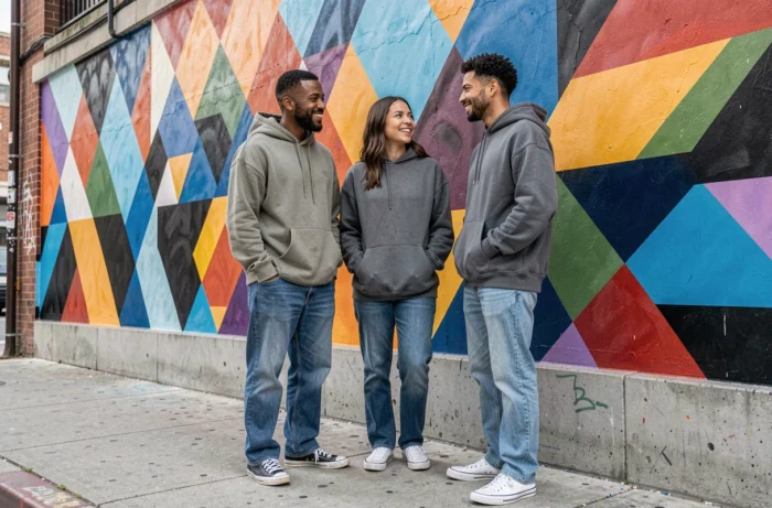 Groupe de personnes agender et non-binaires réunies devant une fresque urbaine colorée, illustrant l'inclusion et la diversité de genre