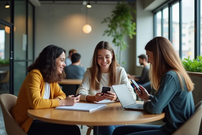 Groupe de trois adultes discutant d'actualités indépendantes autour d'une table dans un espace de coworking moderne