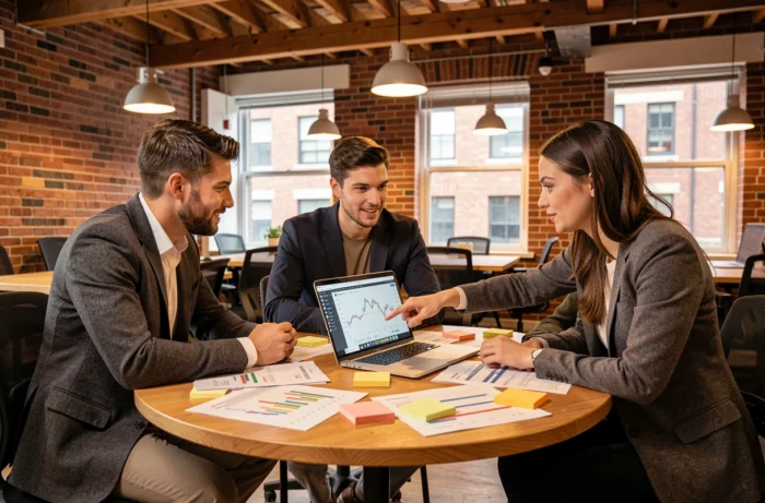 Groupe de jeunes professionnels collaborant autour d'une stratégie d'investissement en bourse