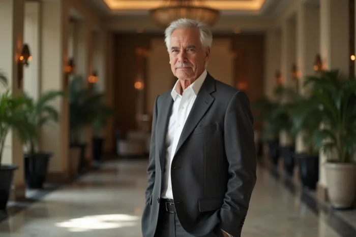Portrait d'un homme d'affaires élégant et discret dans le hall d'un palace parisien, évoquant la fortune et le succès dans l'industrie du divertissement
