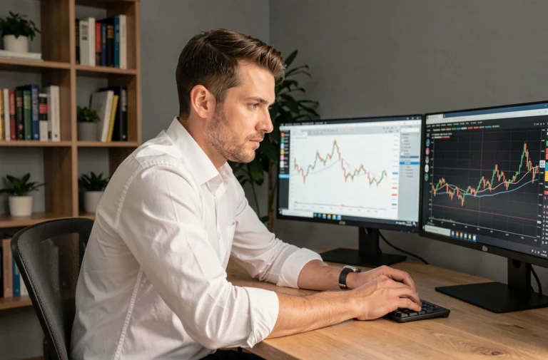 Homme analysant des graphiques boursiers sur deux écrans dans un bureau moderne à domicile