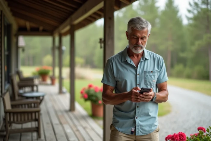 Homme consultant son attestation d'assurance villégiature sur smartphone depuis le porche d'une maison de vacances