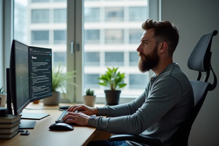 Homme consultant des sites d'actualités indépendantes sur deux écrans dans un bureau moderne à domicile