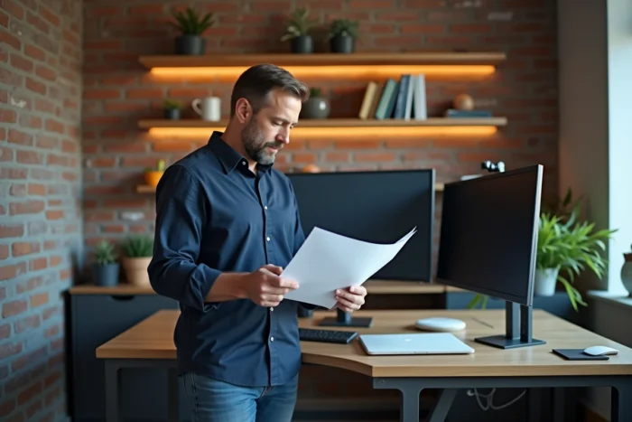 Homme debout à un bureau réglable en hauteur dans un bureau à domicile avec étagères en bois et double écran, environnement de travail ergonomique