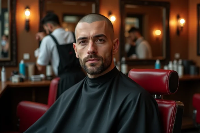 Homme au crâne rasé dans un fauteuil de barbier vintage après une séance de rasage soignée