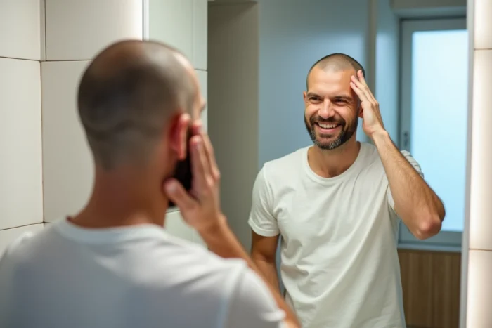 Homme aux cheveux rasés examinant la forme de son crâne dans un miroir de salle de bain moderne