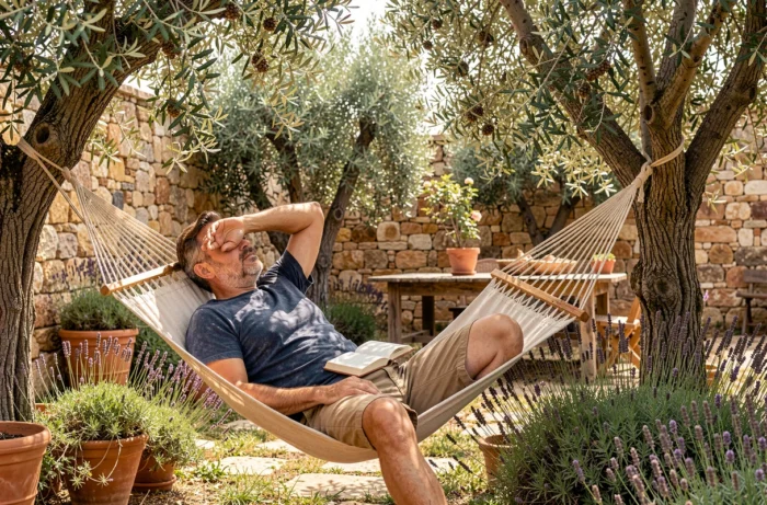 Homme fatigué allongé dans un hamac en jardin méditerranéen avec un livre fermé, symbolisant la difficulté à se reposer lors d'un burn-out